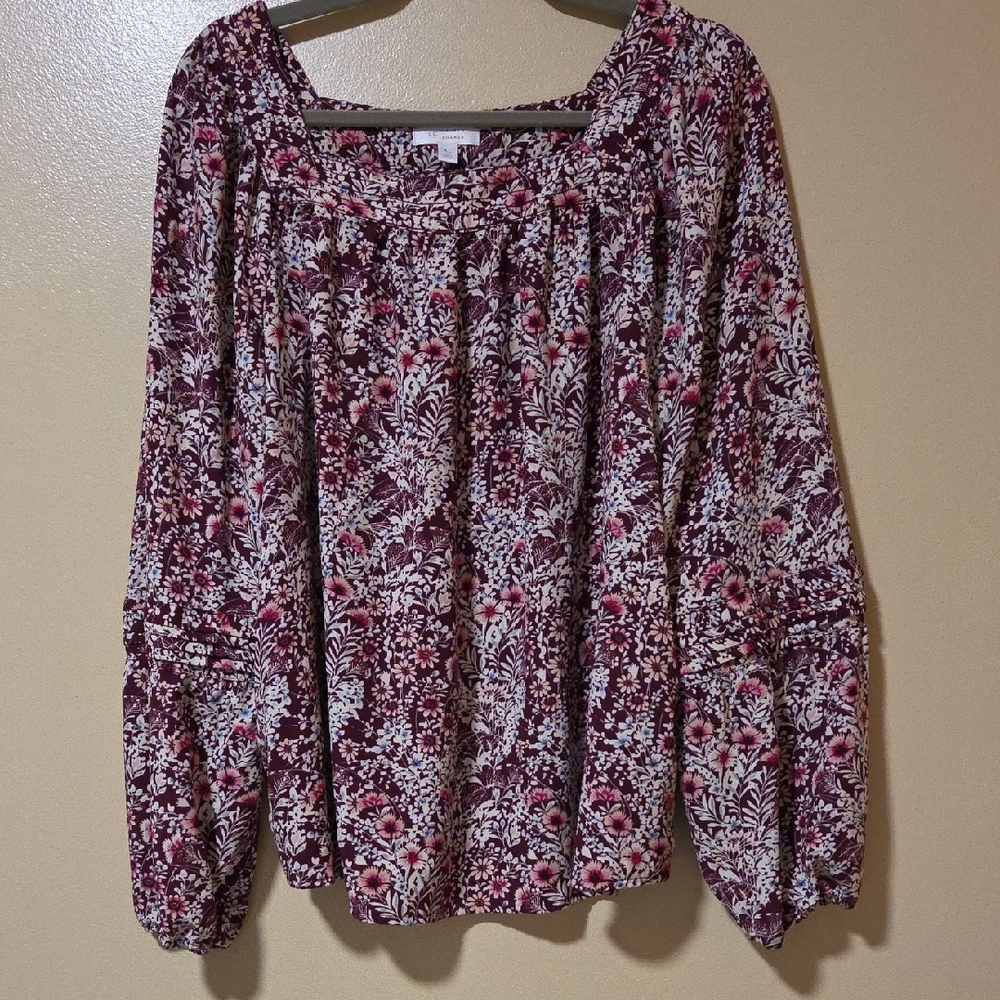 LC Lauren Conrad Smocked Burgandy And  Pink Blouse